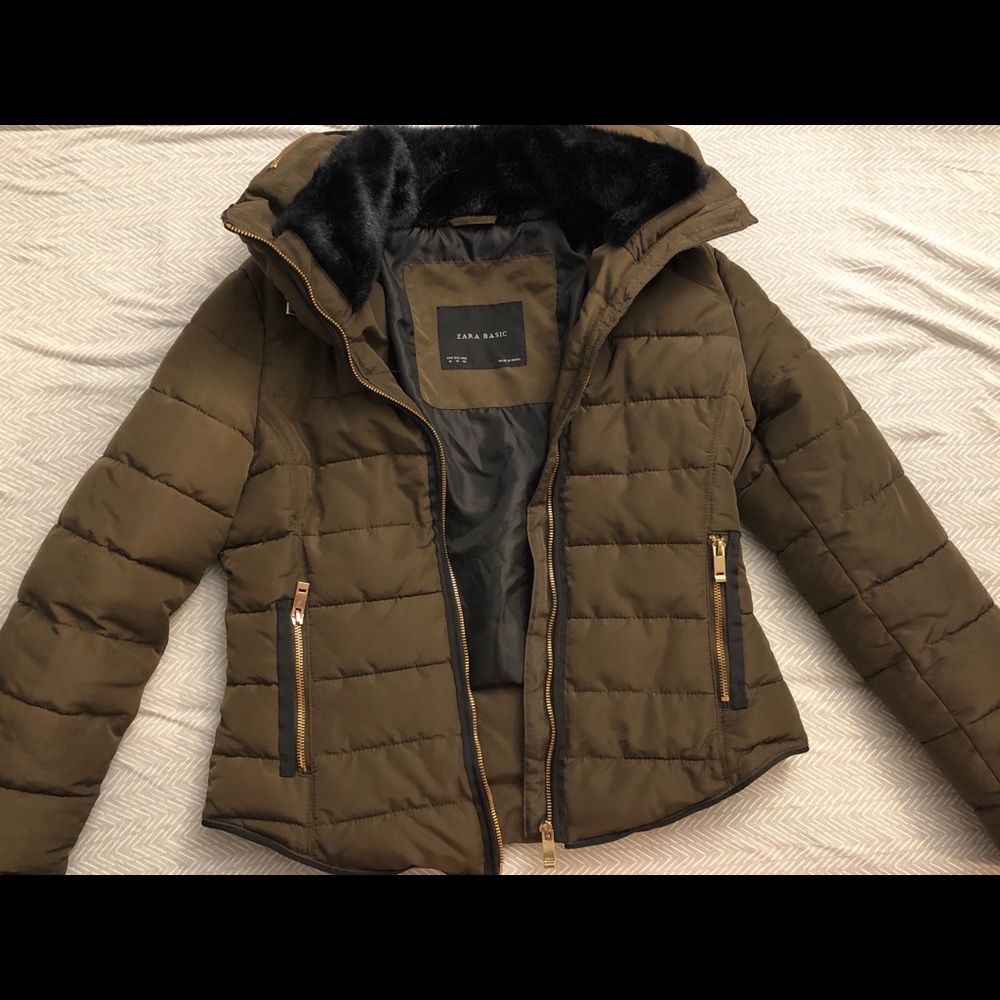 Zara Quilted Puffer Coat Hood Faux Fur Collar